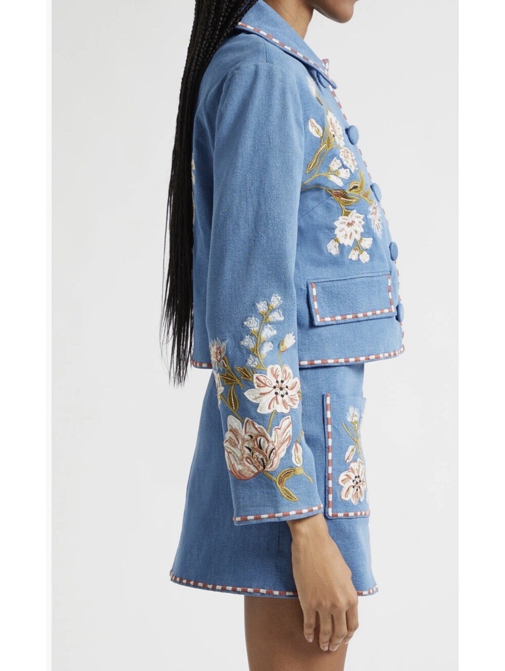 Veronica Beard Vikaria Floral Embroidery Stretch Cotton Jacket Jean Size 12 $898 - Picture 3 of 15